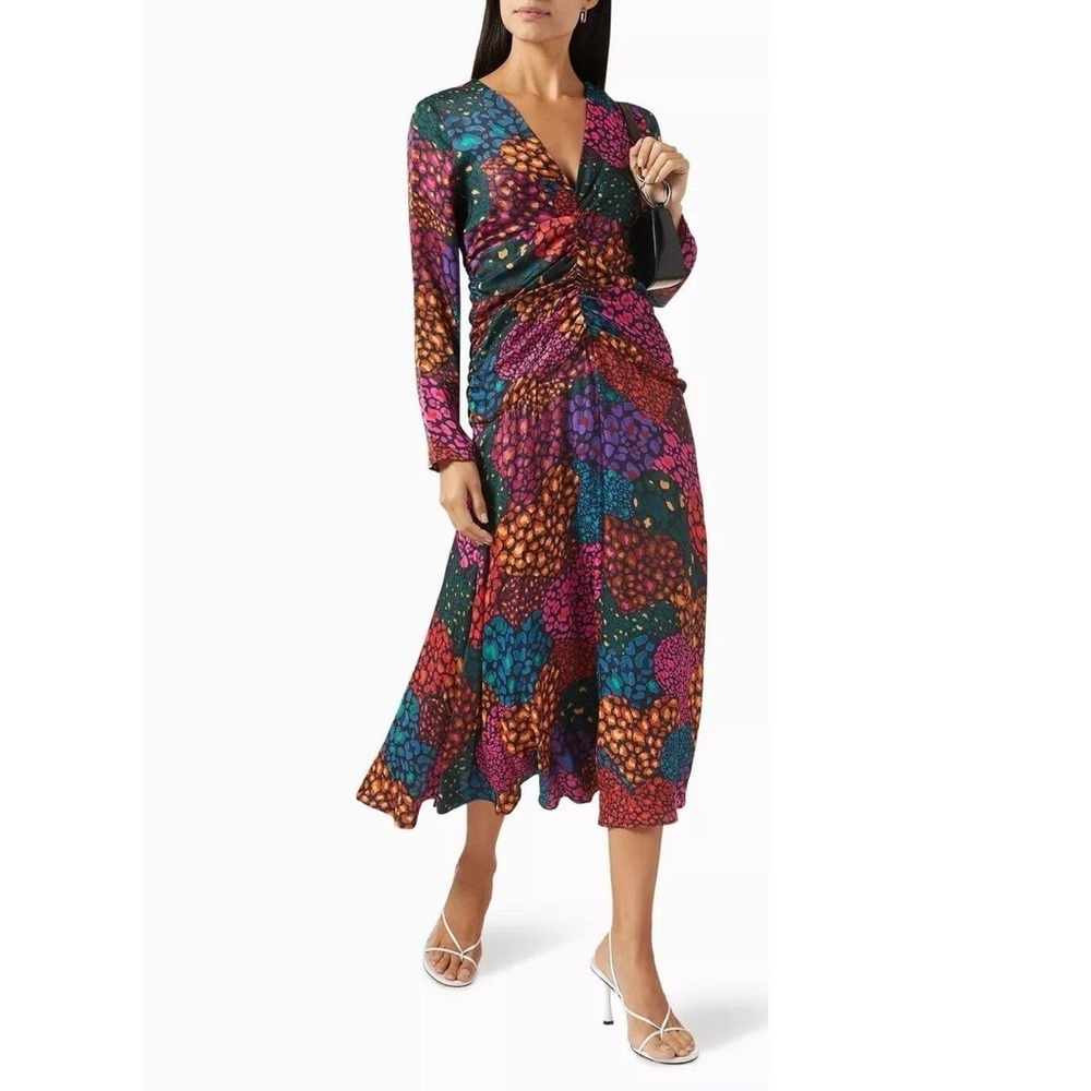 SOLD OUT FARM RIO NWT Ruched Long Sleeve Midi Dress in Rainbow Hearts S